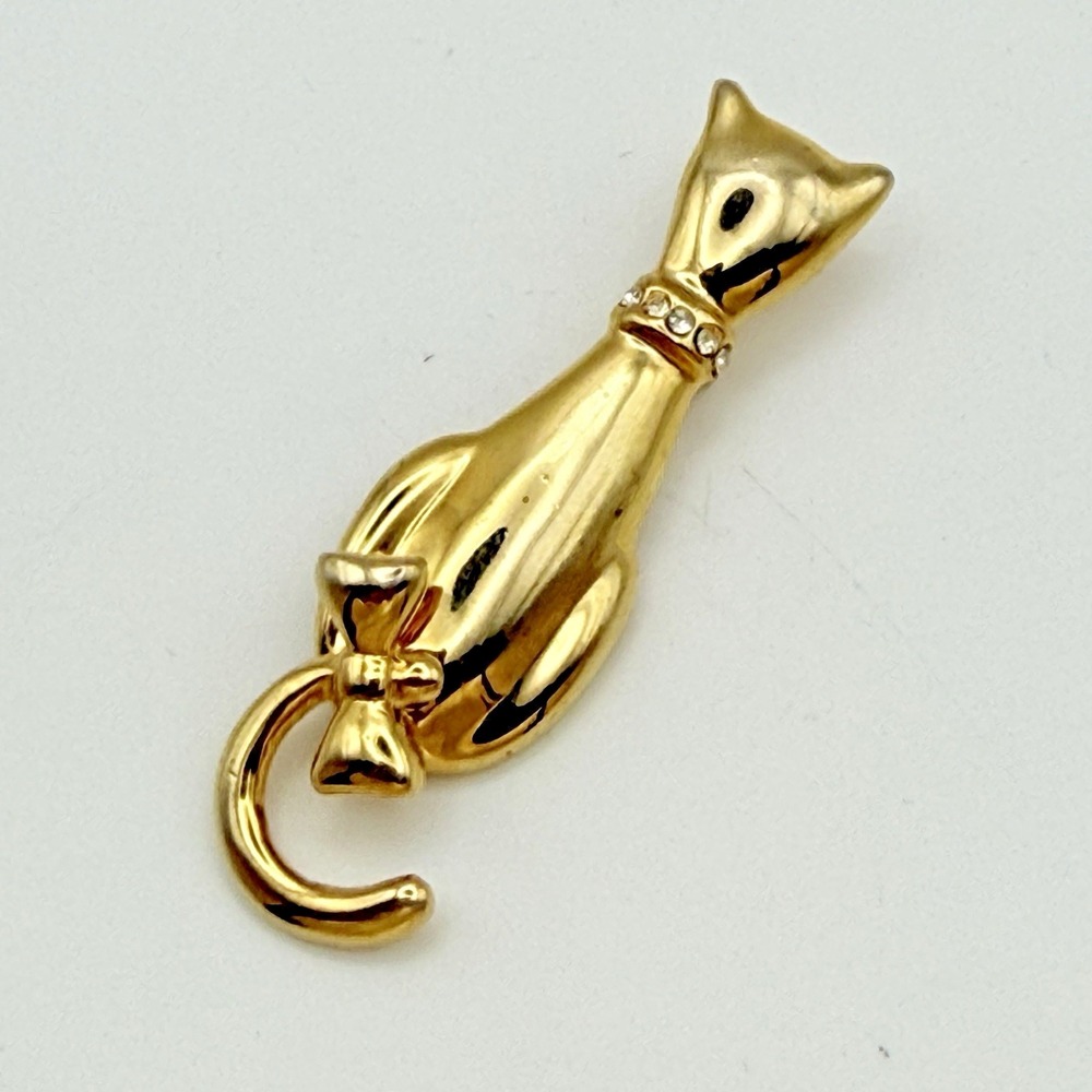 Vintage AAI Articulated Cat Brooch Gold Tone Moving Tail Rhinestones Figural Pin